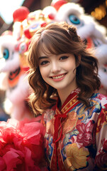 Fototapeta premium Chinese girl in a red Chinese costume in front of a Chinese lion in the Chinese new year