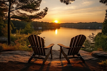 Fototapeta na wymiar Two chairs for relaxing on the bank of a calm river in the forest in the rays of sunset and dawn. Camping, recreation. Generated by artificial intelligence