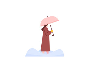 illustration of a woman walks on a snowy road and uses an umbrella. Wear winter clothes, jacket and gloves. people activity in winter. flat illustration design. vector elements