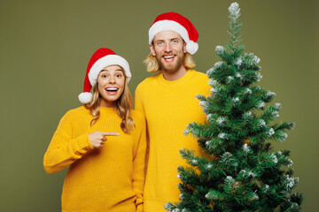 Merry young couple two friends man woman wears sweater Santa hat posing kiss behind artificial fir-tree Christmas tree isolated on plain green background Happy New Year celebration holiday concept