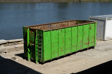 Rectangular open top roll off dumpster. Heavy duty hook lift container for garbage truck. Disposal...