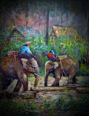 Original art painting Oil color Elephant family in forest thailand
