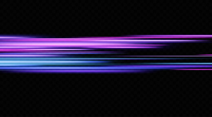 Light effect of neon lines movement.Horizontal lines. Speed ​​effect on a transparent background.lines of light, speed and movement.