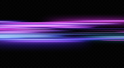 Light effect of neon lines movement.Horizontal lines. Speed ​​effect on a transparent background.lines of light, speed and movement. - obrazy, fototapety, plakaty