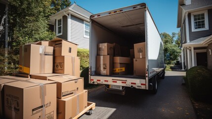 An open moving truck filled with cardboard boxes in the driveway of a suburban house - obrazy, fototapety, plakaty