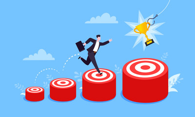 Businessman runs and jumps from small target goal to reach bigger target goal achievement flat style design vector illustration. Career growth and ladder of success path objective business concept.