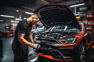 Auto mechanic working in garage. Concept banner car repair service,