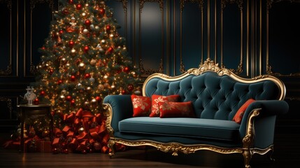 Luxury interior with sofa and Christmas tree. Interior design on New Year's Eve and Christmas. 