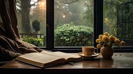 Fototapeta premium A book and a cup of coffee lie on a windowsill. You can see a rainy day out the window.