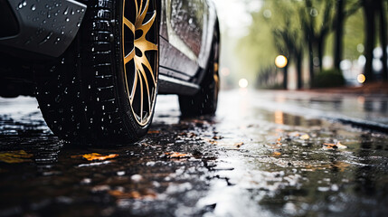 A car in the rain the focus is on the tires - obrazy, fototapety, plakaty