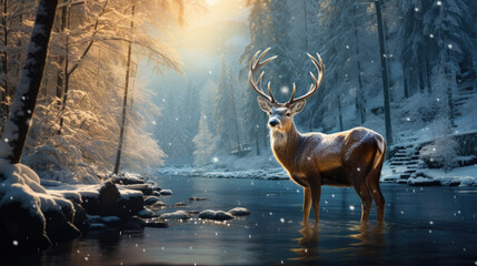 Illustration of a deer in the water on a winter day - obrazy, fototapety, plakaty
