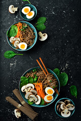 A bowl of Japanese noodles with mushrooms, carrots, onions and egg. On a stone background. Top view.