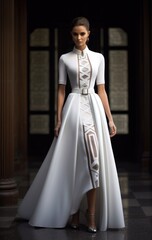 Fototapeta premium A beautiful woman shows off a stylish long white dress that accentuates the silhouette, creating refined contours and giving an irresistible appeal and elegance
