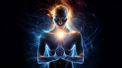 Awakening the Superpower Within: Vibrant Human Form Radiating Cosmic Consciousness Self-Discovery	