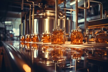 Brewing equipment for quality control, sight glass full of golden beer on stainless steel pipe.
