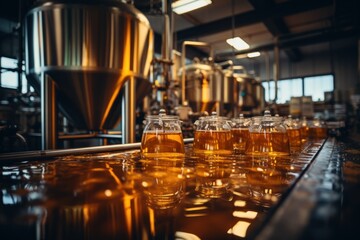 Brewing equipment for quality control, sight glass full of golden beer on stainless steel pipe.