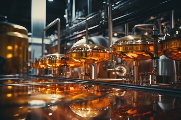 Brewing equipment for quality control, sight glass full of golden beer on stainless steel pipe.