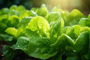 Closeup macro lettuce grown in greenhouse with drip irrigation hose system.