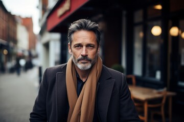 Portrait of a handsome middle-aged man with grey hair wearing a coat and a scarf in a city street.