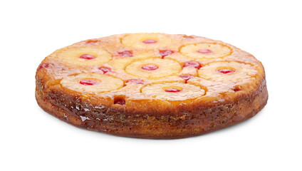 Tasty pineapple cake with cherries isolated on white