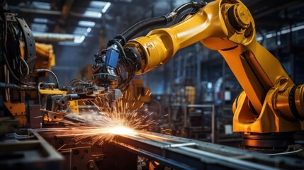 Fototapeta premium Closeup yellow arm robot welding metal pipe part in industry factory