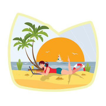 A girl lies on the beach with a laptop and a cocktail, working remotely. In the background there is a big hot sun, a palm tree and a yacht at sea. Illustration.