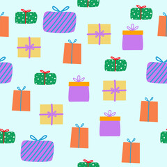 Hand draw Colorful Gift box on light background seamless pattern. Idea for Christmas theme or festival. Tile pattern. Use for background , wallpaper, card, cover or decoration, paper, textile and etc