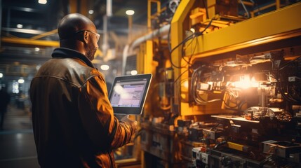 Control and Setting of CNC equipment, Engineer african Industry work with tablet computer on modern automatic machine