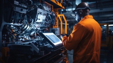 Control and Setting of CNC equipment, Engineer african Industry work with tablet computer on modern automatic machine