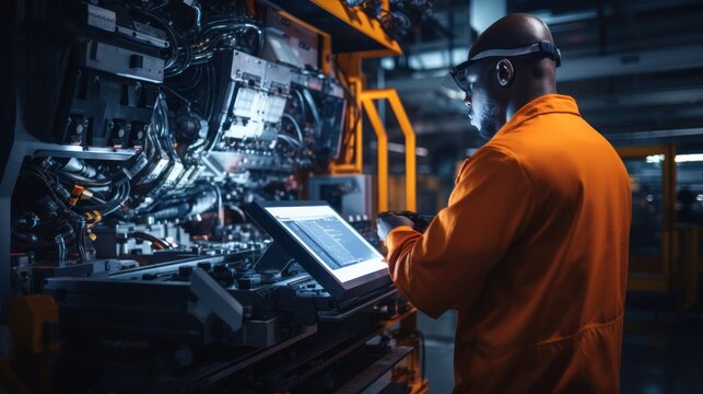 Control and Setting of CNC equipment, Engineer african Industry work with tablet computer on modern automatic machine