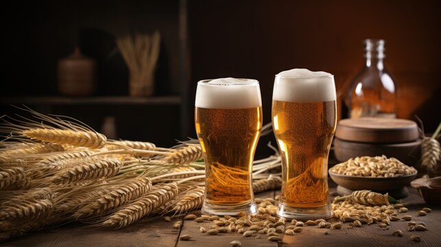 Craft beer brewing from grain barley malt. Ingredients for brewers factory,
