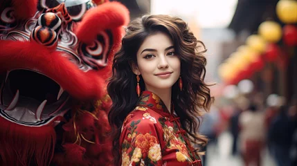 Zelfklevend Fotobehang Chinese girl in a red Chinese costume in front of a Chinese lion in the Chinese new year © hakule