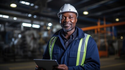 Industry portrait of african engineer holding tablet, background blue power plant control room