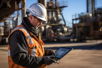 Poster Industry operator use mobile tablet for control drilling rig for exploration of minerals for oil, gas and artisan water © sirisakboakaew