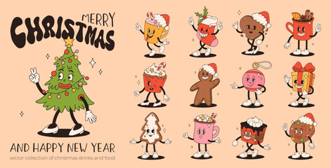 Christmas foods and drinks design with coffee, hot cocoa, cookie, gingerbread, present, christmas tree in trendy retro cartoon style. Character in groovy 50s, 60s, 70s Vintage Style