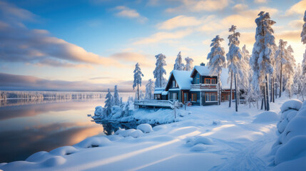 A winter landscape with lots of snow and a cozy house by the lake covered in snow - obrazy, fototapety, plakaty