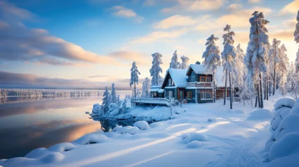 Foto auf Alu-Dibond A winter landscape with lots of snow and a cozy house by the lake covered in snow © jr-art