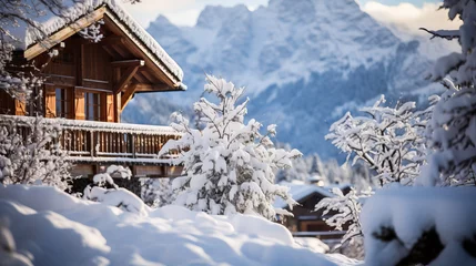 Deurstickers chalet under the snow at a winter resort, mountains, house, architecture, hotel, travel, new year, christmas, postcard, nature, cold, ski season, beauty, landscape, wooden building, roof, windows © Julia Zarubina