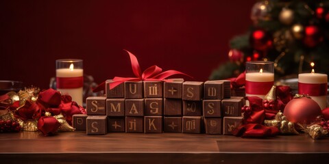 Wooden cubes arranged placed on a festive red textured table, creating a Christmas-themed arrangement. This composition combines the warmth of wood with the holiday spirit, offering a charming.