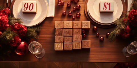 Wooden cubes arranged placed on a festive red textured table, creating a Christmas-themed arrangement. This composition combines the warmth of wood with the holiday spirit, offering a charming.