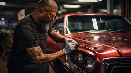 Master mechanic polishes red car with polisher, detailing series - obrazy, fototapety, plakaty