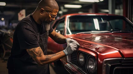 Poster Master mechanic polishes red car with polisher, detailing series © sirisakboakaew