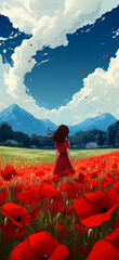 A cute girl standing in grassland full with flowers