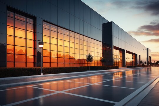 Fototapeta Modern sleek warehouse office building facility exterior architecture.