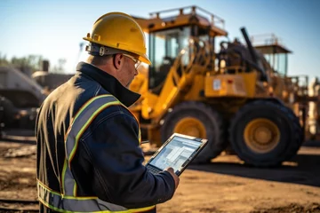 Poster Operator use mobile tablet for control drilling rig for exploration of minerals for oil, gas and artisan water © sirisakboakaew