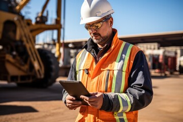 Fototapeta premium Operator use mobile tablet for control drilling rig for exploration of minerals for oil, gas and artisan water