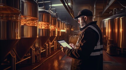 Operator uses tablet computer to check quality and temperature of yeast fermentation in tanker hops and malt, beer