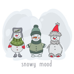 Cartoon Christmas snowmen with hat, scarf isolated
