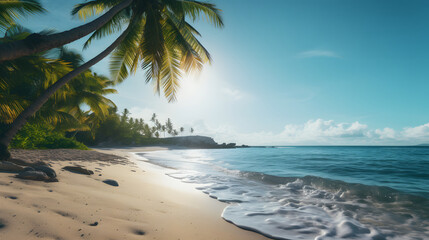 Postcard tropical scene: Sandy beach, palm leaves, turquoise waters, and a sunny blue sky. Soothing sea waves and warm sun rays.