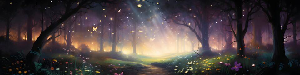 Mysterious animated forest. Enchanting fairy lights amid lush, colorful vegetation. Luminous flora and a mystic atmosphere.